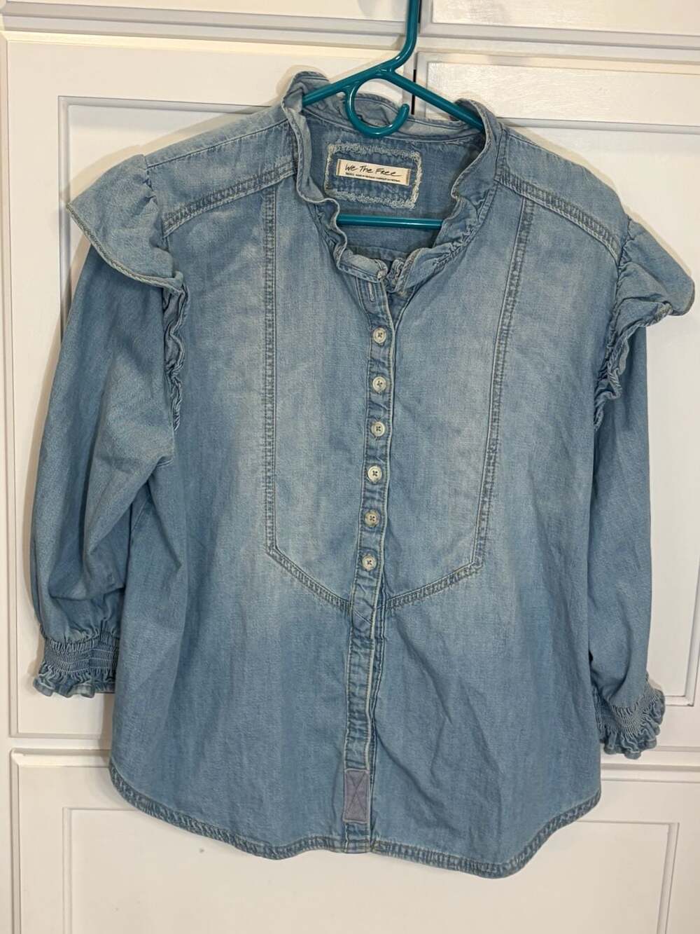 We The Free Free People Louise Denim Button Down Ruffle Chambray Top Small